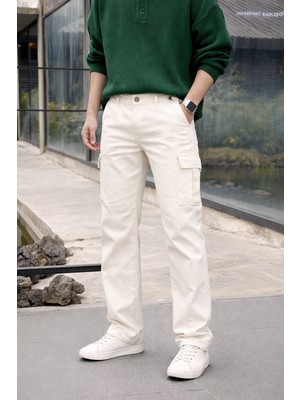 Comstar Erkek Yüksek Bel Premium Beyaz Kargo Baggy Pantolon