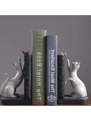 Esranın Dünyası Dekoratif Kedi Figürlü Ikili Kitap Tutucu – Beyaz Renk