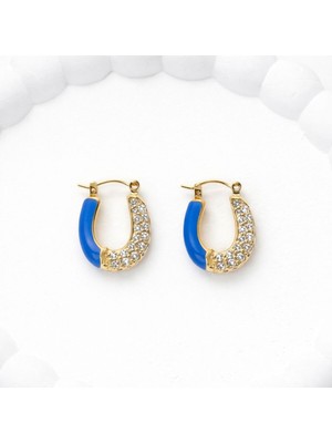 PremiumPort Mavi Mine Taşlı Altın Tonlu Halka Küpe, Şık ve Zarif Takı