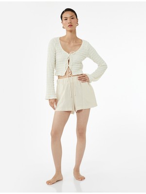 Koton Beli Bağcıklı Cepli Mini Keten Şort