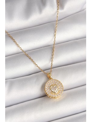 Asnazz 316L Çelik Gold Renk Zincir Madalyon Zirkon Taşlı Kalp Model Kadın Kolye