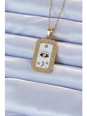 Asnazz 316L Çelik Zincir Altın Renk Mineli Zirkon Taşlı Göz Figür Tarot Kolye