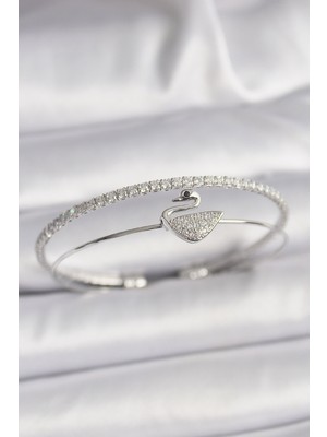 Asnazz Pirinç Gümüş Renk Zirkon Taşlı Kuğu Model Kadın Bileklik