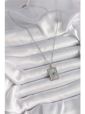 Asnazz 316L Çelik Gümüş Renk Zirkon Taşlı Göz Işleme Detaylı Plaka Model Kadın Kolye