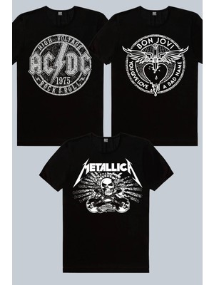 Rock&Roll Kanatlı Rock, Metallica Kurukafa, Dairede Acdc Siyah 3'lü Kadın Tshirt Eko Paket