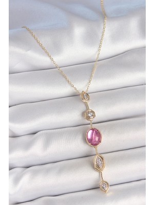 Asnazz Pirinç Zincir Gold Renk Pembe Zirkon Taşlı Y Kolye