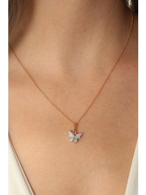 Asnazz Gold Mavi Renk Kelebek Figür Kadın Kolye