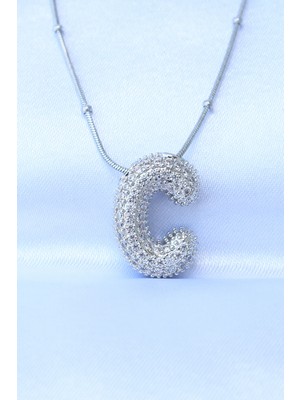 Asnazz 316L Çelik Zincirli Zirkon Taşlı C Harfli Gümüş Renk Bubble Kolye