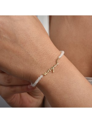Nox Jewelry 14K Altın Kaplama Doğal Ay Taşı Fasetli Ismli Gümüş Bileklik - BGS00111