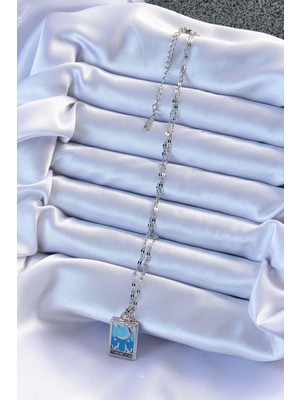 Asnazz 316L Çelik Zincir Gümüş Renk Mavi Mineli Ay Figür Tarot Kolye
