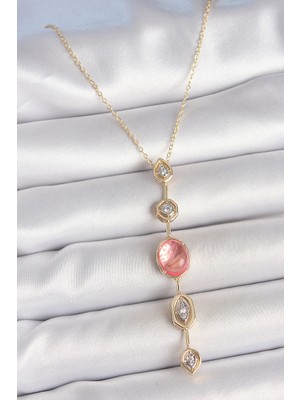 Asnazz Pirinç Zincir Pembe Gold Renk Zirkon Taşlı Y Kolye