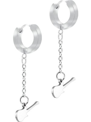 PremiumPort Erkek Gümüş Renk Sallantılı Gitar Tasarımlı Çelik Küpe