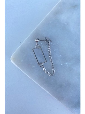 PremiumPort Gri Dikdörtgen Figür Sallantılı Zincir Çelik Küpe