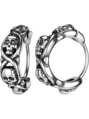 PremiumPort Gotik Kurukafa Halka Çift Erkek Küpe, Vintage Motorcu 316L Çelik