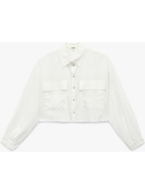 Koton Keten Viskon Karışımlı Kapaklı Aplike Cep Detaylı Uzun Kollu Crop Gömlek