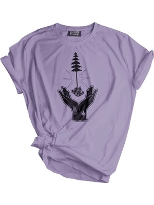Genius Store  Unisex Baskılı Tişört Outdoor Normal Kalıp Tshirt  (El Ağaç Lila)