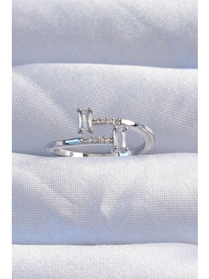 Lims Store Pirinç Gümüş Renk Zirkon Taşlı Geometrik Ayarlanabilir Yüzük