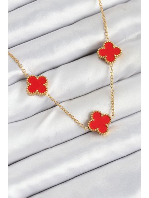 Lims Store 316L Çelik Zincir Gold Kırmızı Renk Yonca Kadın Kolye