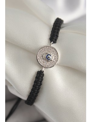 Lims Store Pirinç Gümüş Renk Zirkon Taşlı Nazar Boncuk Işleme Makrome Asansörlü Model Kadın Bileklik