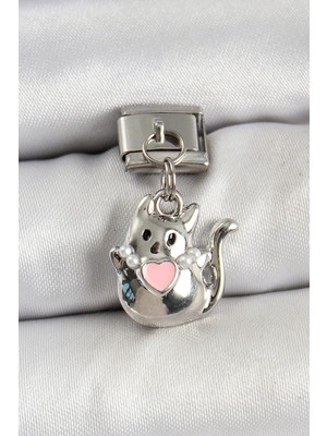Lims Store 316L Çelik Sallantılı Kalp Detaylı Kedi Model Gümüş Renk Charm