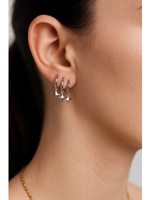 PremiumPort Yıldız Detaylı Üçlü Çelik Küpe, Şık ve Zarif Takı Tasarımı