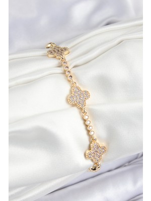 Lims Store Pirinç Zirkon Taşlı Yonca Model Gold Renk Kadın Bileklik