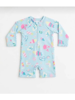 Nur Bebe Kids Şortlu Desenli Uzun Kollu Kız Bebek Yüzücü Mayosu