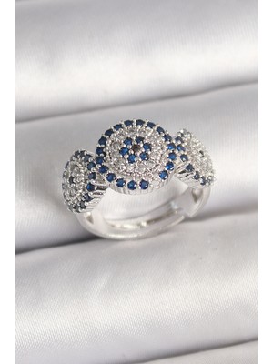 Lims Store Pirinç Gümüş Renk Zirkon Taşlı Nazar Boncuk Model Ayarlanabilir Kadın Yüzük