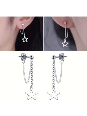 PremiumPort Şık Kadın Gümüş Renk Sallantılı Yıldız Küpe, Zarif ve Modern Tasarım