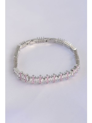 Lims Store Vip Seri Pirinç Pembe Zirkon Taşlı Gümüş Renk Baget Model Bileklik