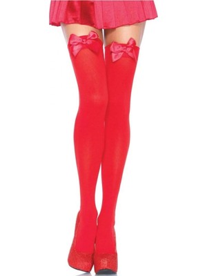 Pileli Store Tegan Kırmızı Fiyonklu Kırmızı Jartiyer Çorabı TM1211