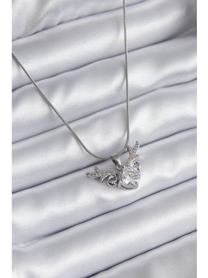 Lims Store 316L Çelik Gümüş Renk Zirkon Taşlı Boynuz Model Kadın Kolye