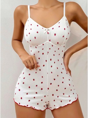 Pileli Store Kadın Beyaz Çilek Baskılı Pijama Tulumu 5127