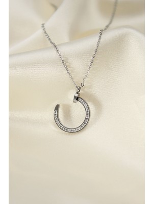 Lims Store Çelik Silver Renk Zirkon Taşlı Çivi Model Kadın Kolye