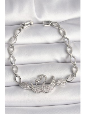 Lims Store Pirinç Gümüş Renk Zirkon Taşlı Kuğu Figür Damla Zincir Model Kadın Bileklik