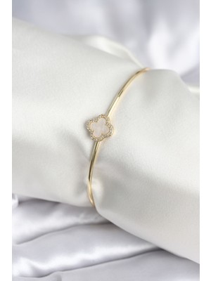 Lims Store Beyaz Sedefli Yonca Model Gold Renk Kadın Bileklik