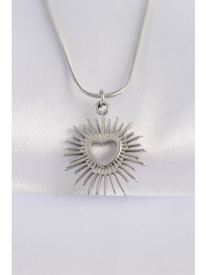 Lims Store 316L Çelik Zincir Gümüş Renk Kalp Güneşi Tasarımlı Kolye
