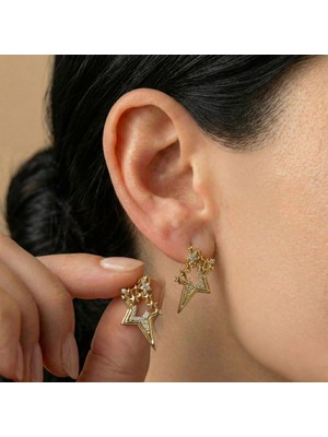 PremiumPort Gold Renk Yıldız Taş Detaylı Kadın Çelik Küpe, Şık ve Zarif Takı