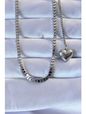 Lims Store 316L Çelik Gümüş Renk Küp Zincirli Kalpli Kolye