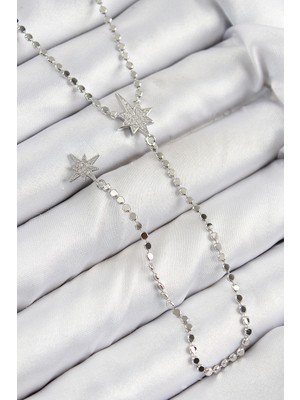 Lims Store Pirinç Zirkon Taşlı Ezme Zincirli Kutup Yıldızı Model Gümüş Renk Y Kolye