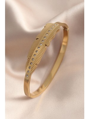 Lims Store Gold Renk Yaprak Model Zirkon Taş Detay Kelepçe Kadın Bileklik