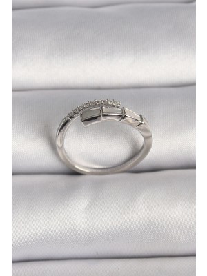 Lims Store Pirinç Gümüş Renk Zirkon Taşlı Yılan Model Ayarlanabilir Yüzük