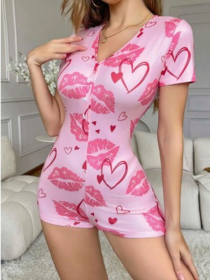 Pileli Store Kadın Pembe Kalp ve Öpücük Baskılı Pijama Tulumu 5107