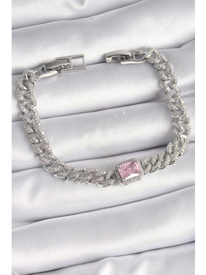 Lims Store Pirinç Gümüş Renk Pembe Kare Zirkon Taşlı Vıp Seri Kadın Bileklik