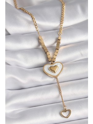 Lims Store 316L Çelik Gold Renk Beyaz Sedefli Kalp Model Sallantı Detay Kadın Kolye