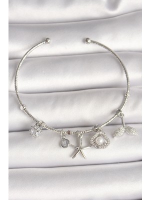 Lims Store Pirinç Gümüş Renk Sallantı Zirkon Taşlı Deniz Yıldız Figür Balık Kuyruğu Detay Charm Kadın Bileklik