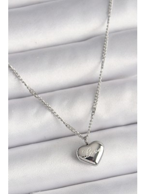 Lims Store 316L Çelik Gümüş Renk Zincir Love Işleme Kalp Figür Kadın Kolye