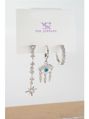 PremiumPort Kadın Antialerjik Baget Zirkon Taşlı 3'lü Küpe Seti