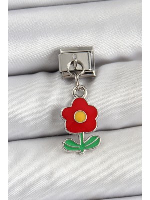 Lims Store 316L Çelik Sallantılı Kırmızı Papatya Model Gümüş Renk Charm