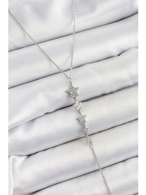Lims Store Pirinç Zirkon Taşlı Sıralı Yıldız Figürlü Y Model Gümüş Renk Kadın Kolye